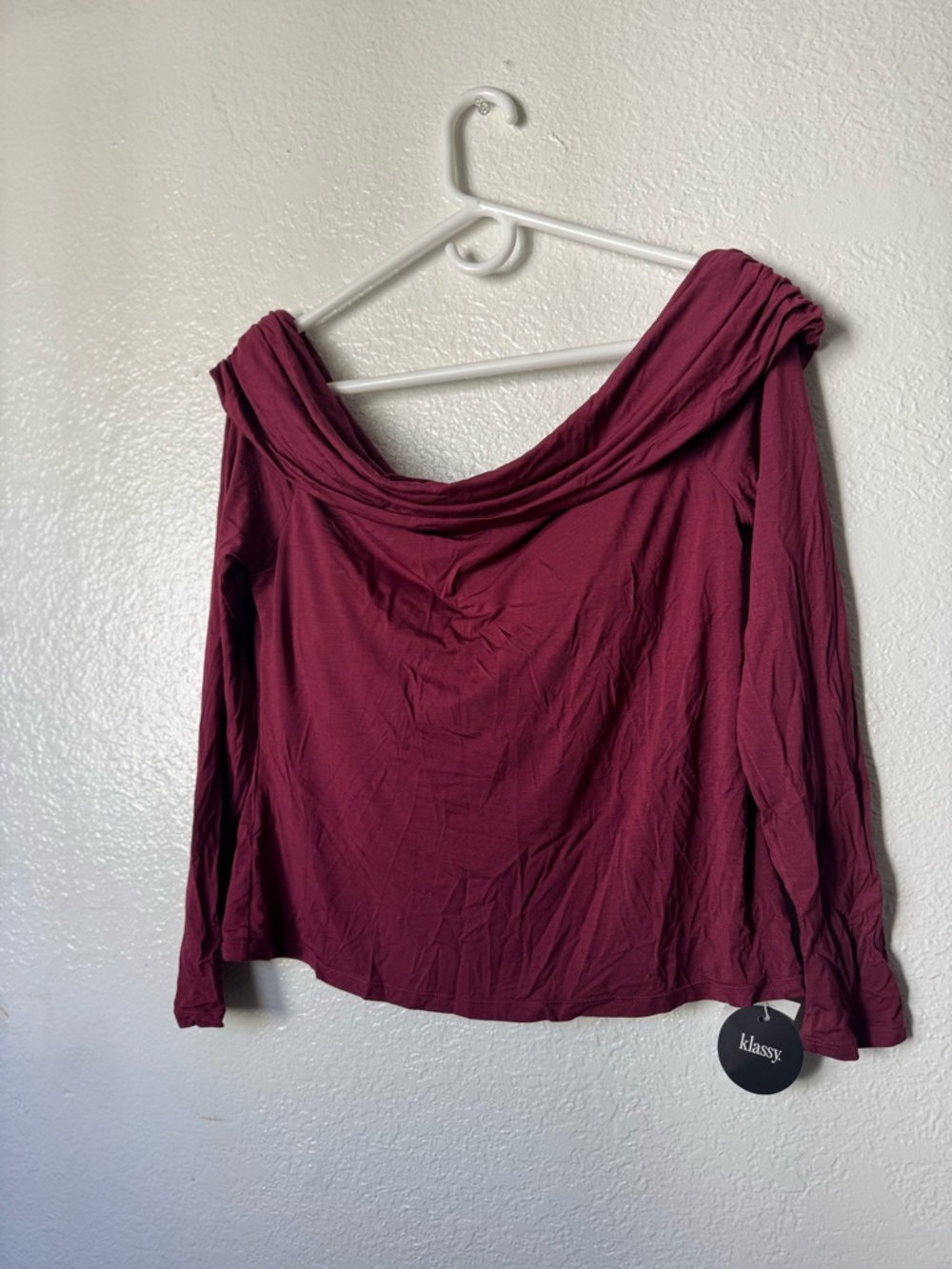 Klassy Network Off-Shoulder Long Sleeve Top in Wine